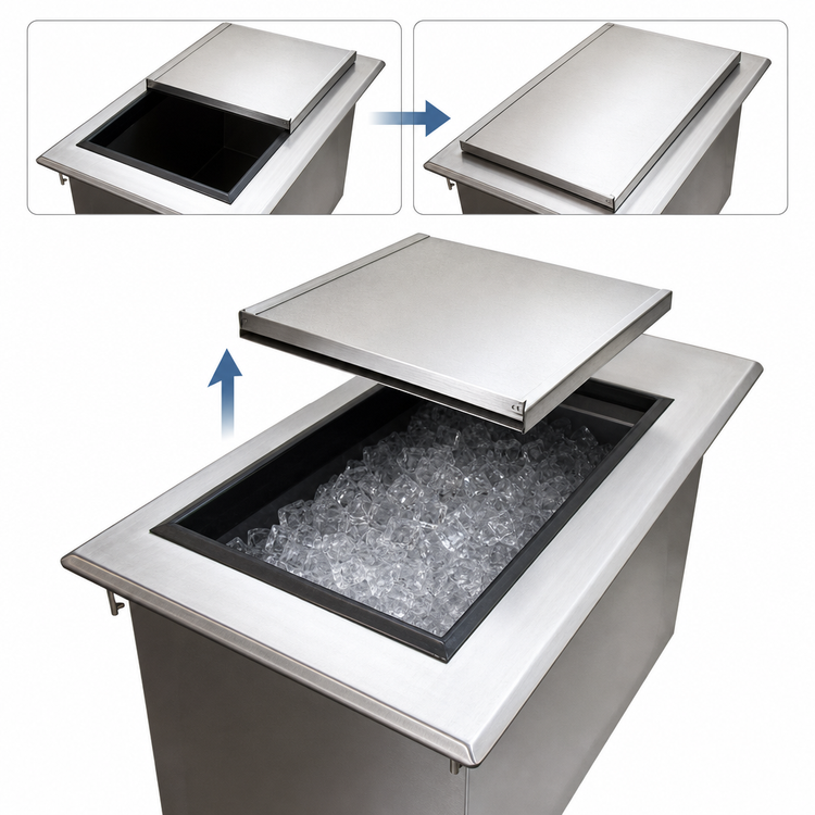 Product image #4 for BK Resources Drop-In Ice Bin with Sliding Cover, 48 x 20 x 12 Inches, 304 Stainless Steel, Without Cold Plate