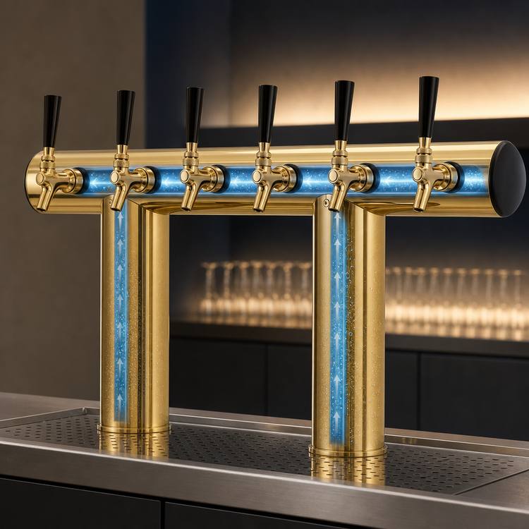Product image #4 for Perlick 5-Faucet Glycol-Cooled Winged Tee Countertop Draft Beer Tower, Tarnish-Free Brass Finish