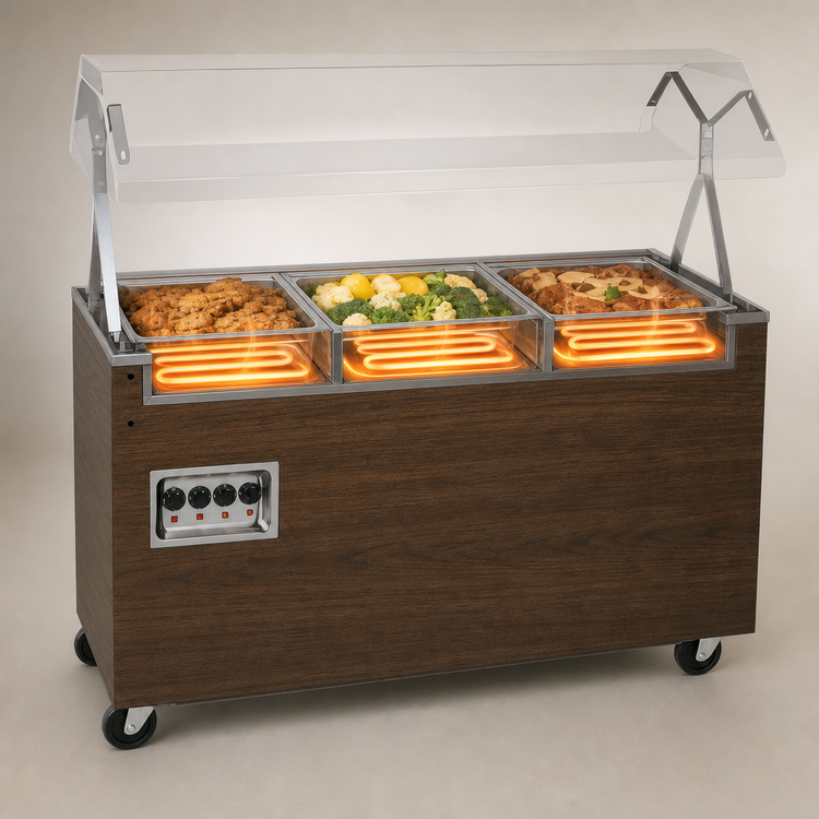 Product image #4 for Vollrath 2-Series Affordable Portable 3-Well Mobile Hot Food Station with Buffet Breath Guard and Enclosed Storage Base, Walnut Woodgrain