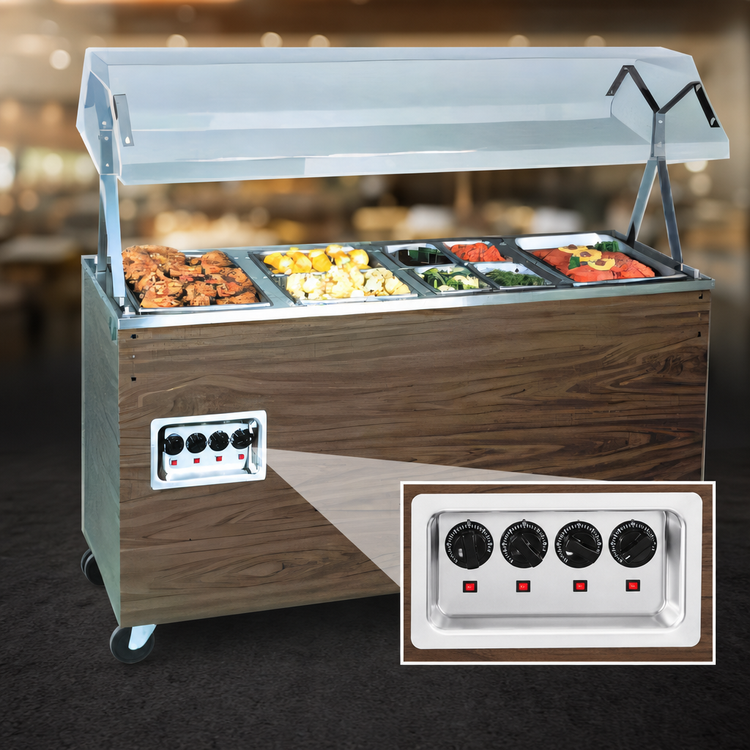 Product image #4 for Vollrath 2-Series Affordable Portable Mobile 3-Well Open Well Hot Food Station with Enclosed Storage Base, Buffet Breath Guard, Cherry Woodgrain, 208-240V