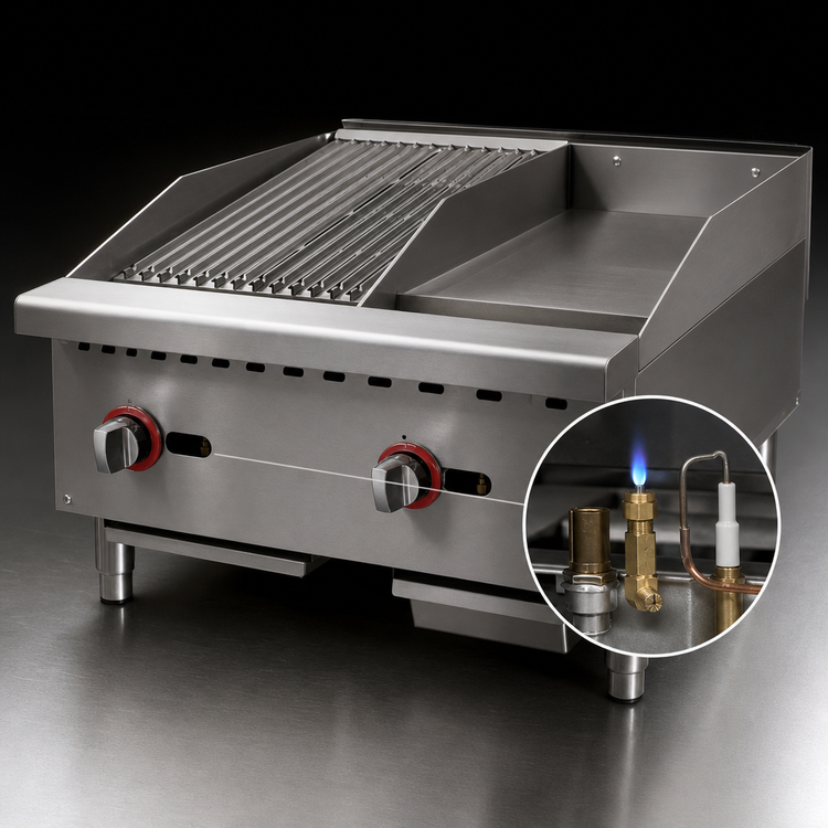 Product image #4 for Omcan 24-Inch Countertop Natural Gas Charbroiler and Griddle Combo with 12-Inch Cooking Surfaces