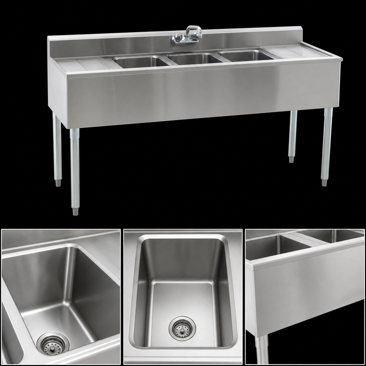 Product image #4 for Eagle Group 1800 Series 3-Compartment 304 Stainless Steel Underbar Sink Unit with Left and Right Drainboards, 72" W