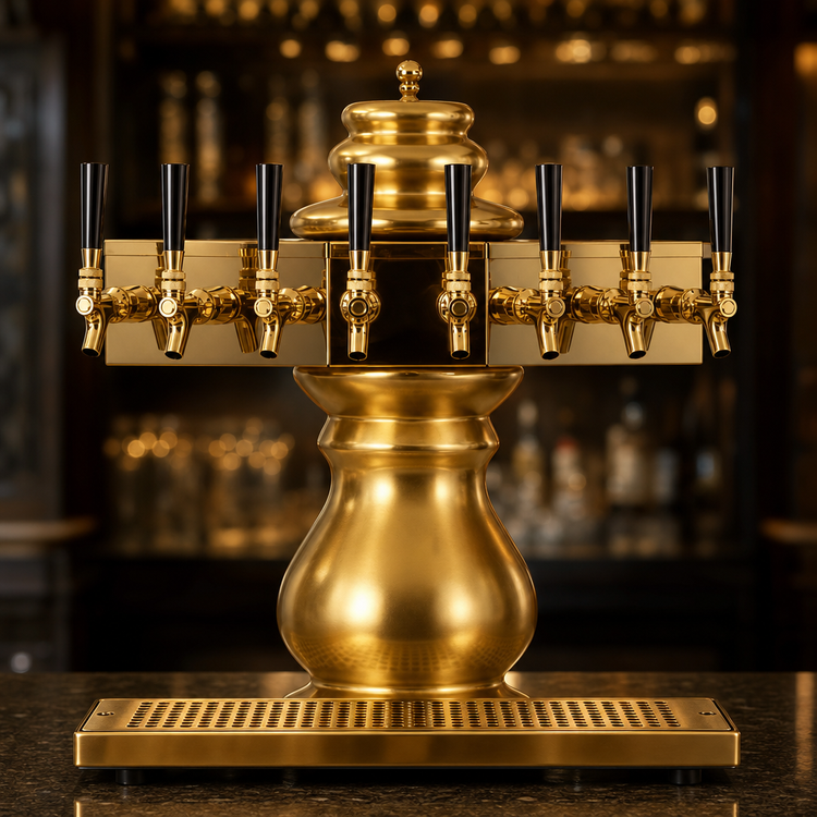 Product image #4 for Glastender Braumeister 4-Faucet Polished Brass Air-Cooled Draft Dispensing Tower with Ceramic Column and Drain Pan