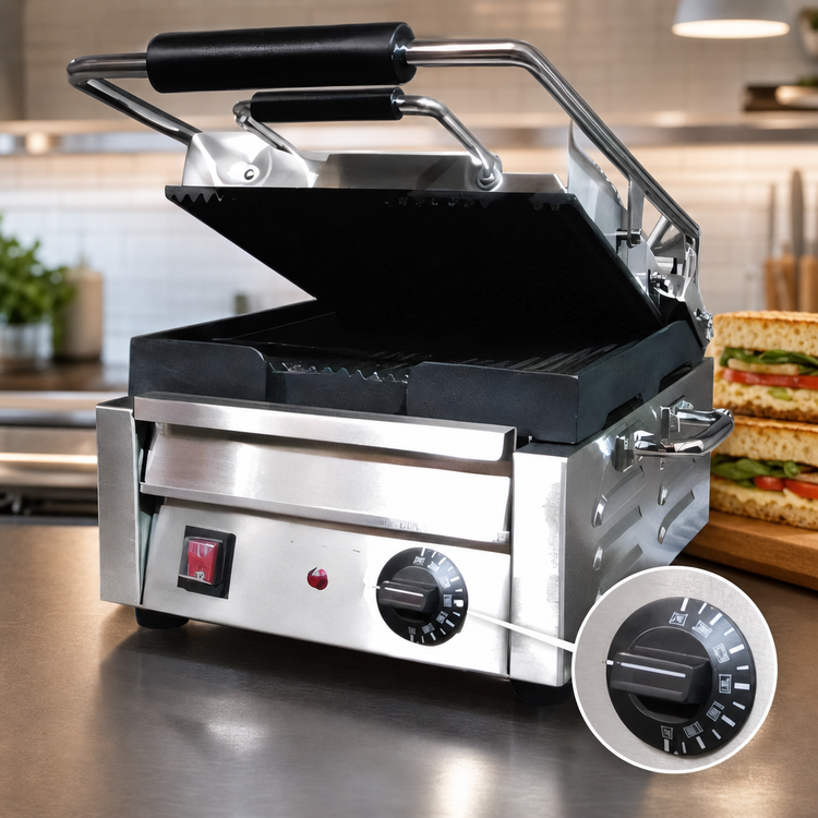 Product image #4 for Omcan USA Countertop Single Panini Press with Grooved Cast Iron Plates, 10 x 11-Inch Cooking Surface