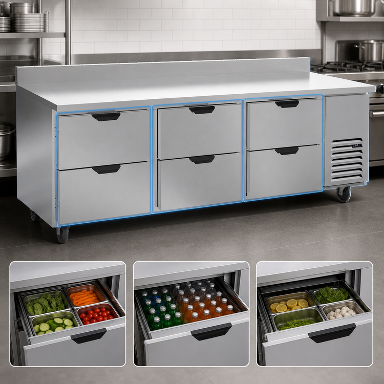 Product image #4 for Beverage-Air Three-Section 93-Inch Wide Worktop Refrigerator with 6 Drawers and Rear Splash
