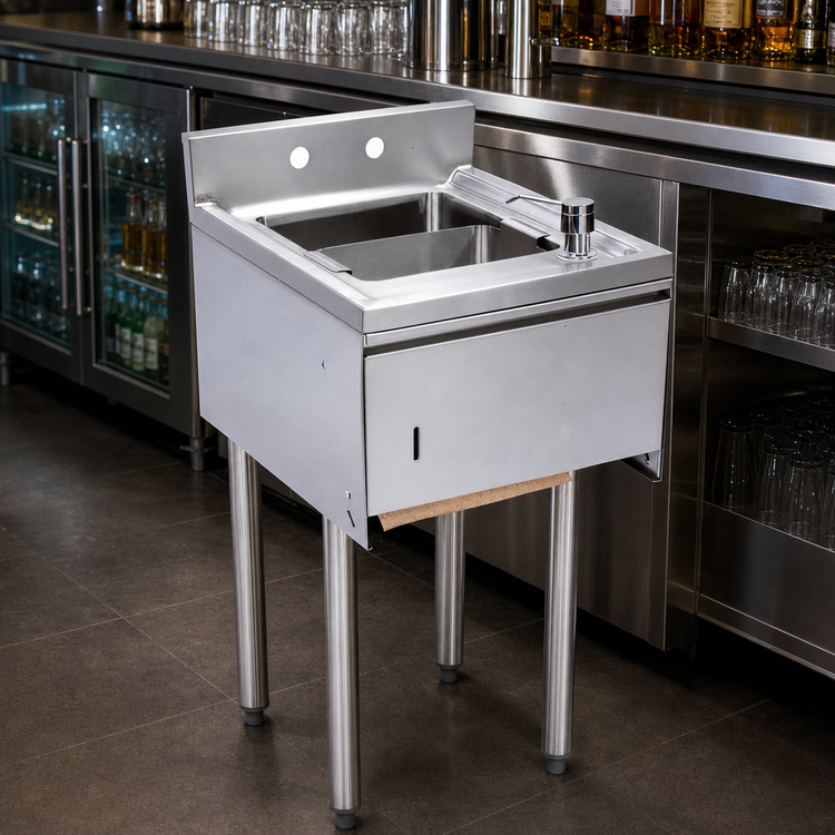 Product image #4 for BK Resources 12-Inch 1-Compartment Stainless Steel Underbar Dump Sink with Faucet, Soap & Towel Dispenser