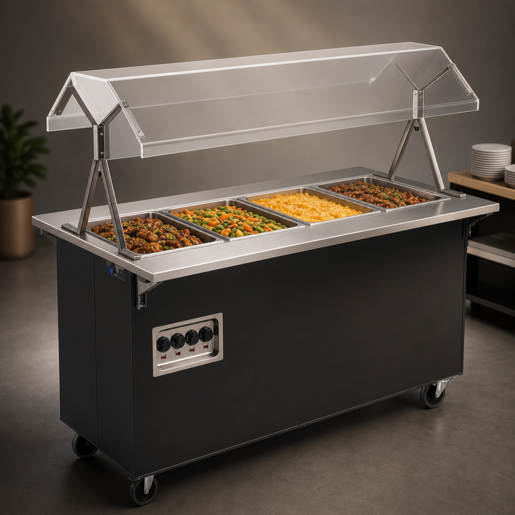 Product image #4 for Vollrath 2-Series Affordable Portable 4-Well Mobile Open-Well Hot Food Station with Buffet Breath Guard and Open Storage Base, Black, 60 Inch