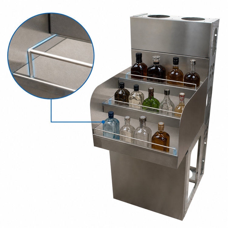 Product image #5 for BK Resources 18-Inch Wide Underbar Liquor Bottle Display Unit with 4 Steps and Guard Rail