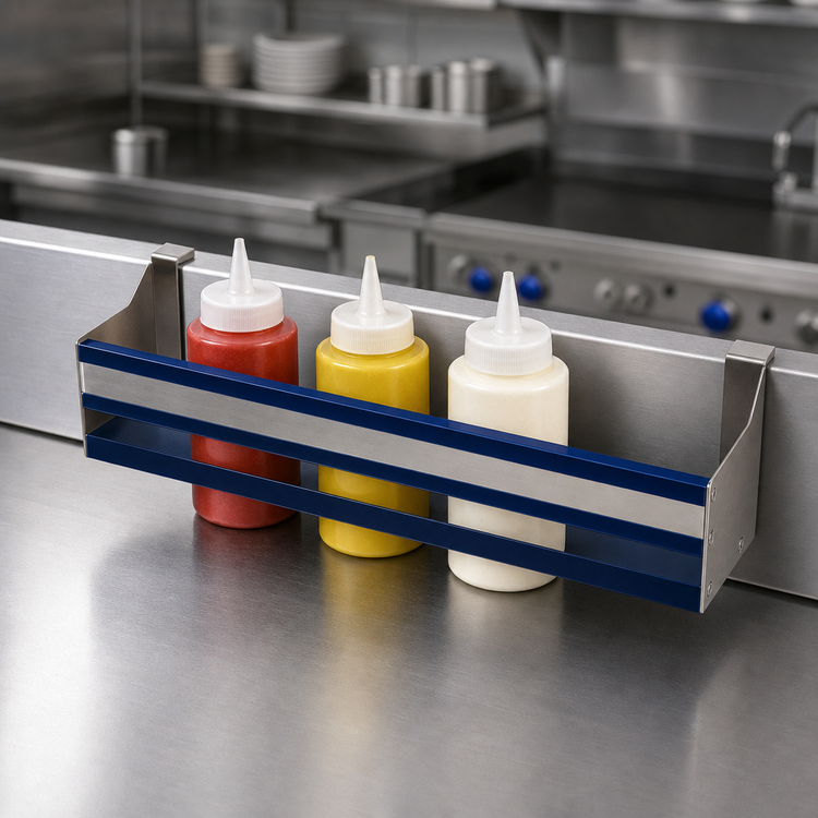 Product image #4 for Advance Tabco Prestige Signature Series 12-Inch Single Tier Hang-On Stainless Steel Speed Rail, 3-Bottle Capacity