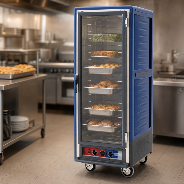 Product image #4 for Metro C5 3 Series Full-Height Mobile Low Wattage Heated Holding Cabinet with Clear Polycarbonate Door, Fixed Wire Slides, Blue Insulation Armour
