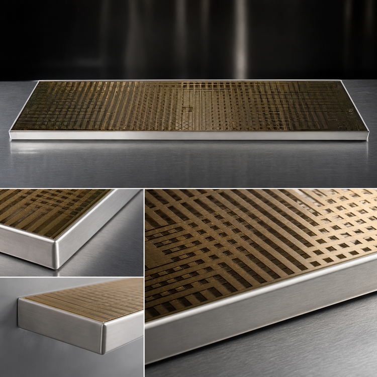 Product image #4 for Micro Matic 33 Inch x 8 Inch Surface Mount Drip Tray Trough, Stainless Steel with PVD Brass Screen