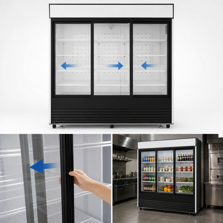 Product image #4 for Atosa Three-Section Sliding Glass Door Merchandiser Refrigerator, 68 Cu. Ft., Bottom-Mount, Black Exterior