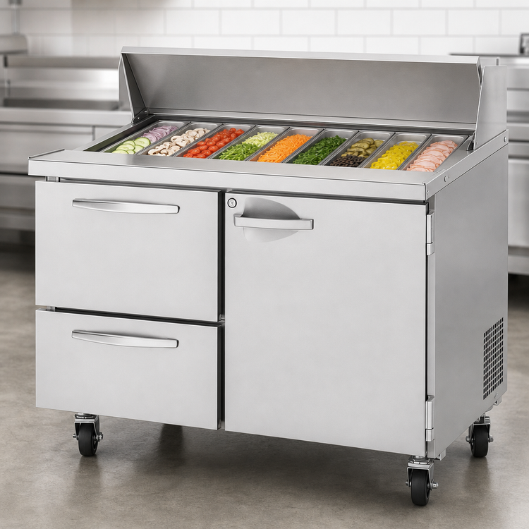 Product image #5 for Turbo Air PRO Series 48-Inch Two-Section Sandwich/Salad Prep Table with 12-Pan Top, 1 Door, and 2 Drawers