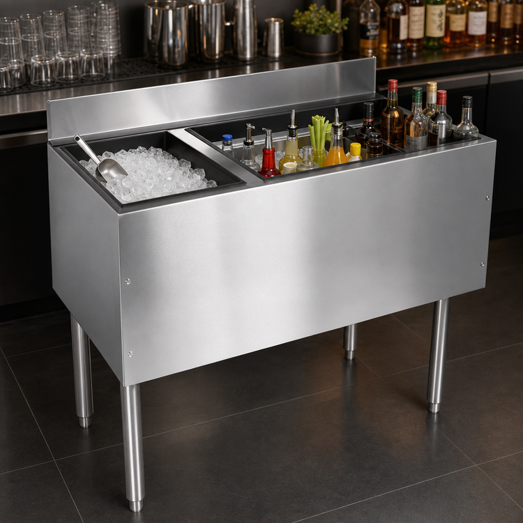 Product image #4 for 48-Inch Stainless Steel Underbar Combo Ice Bin/Cocktail Unit with 10-Circuit Cold Plate and Right-Side Bottle Storage