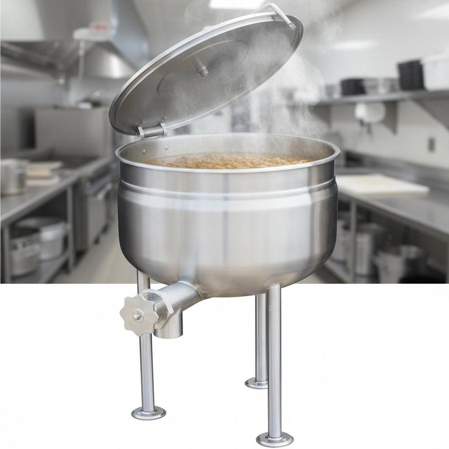 Experience superior, uniform heat distribution with the full steam jacket heating the lower two-thirds of this 30-gallon stationary kettle.