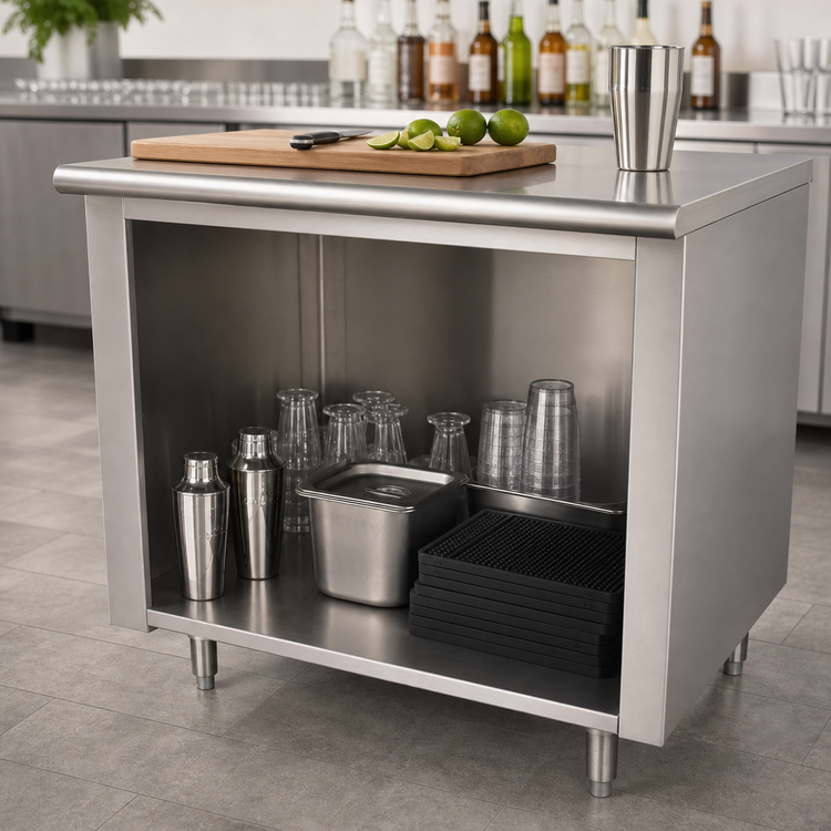 Product image #4 for Advance Tabco 84-Inch x 24-Inch 14-Gauge 304 Stainless Steel Work Table with Open Front Cabinet Base