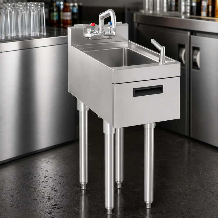Product image #4 for Krowne Silver Series Freestanding Stainless Steel Underbar Hand Sink with Soap and Towel, 12 Inch Wide