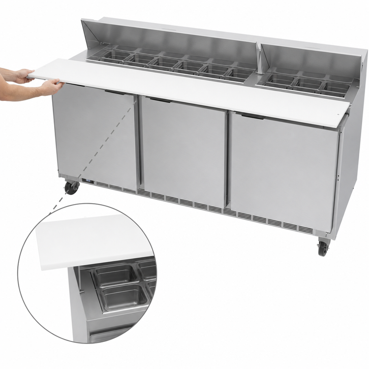 Product image #5 for Beverage-Air 72-Inch Three-Section Sandwich Prep Table Refrigerated Counter with 17-Inch Cutting Board and 18-Pan Opening