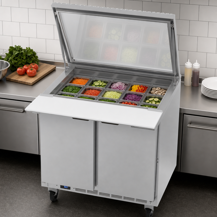 Product image #4 for Beverage-Air Mega Top Two-Section Refrigerated Prep Table with See-Thru Lids, 36-Inch Wide, 15-Pan Capacity