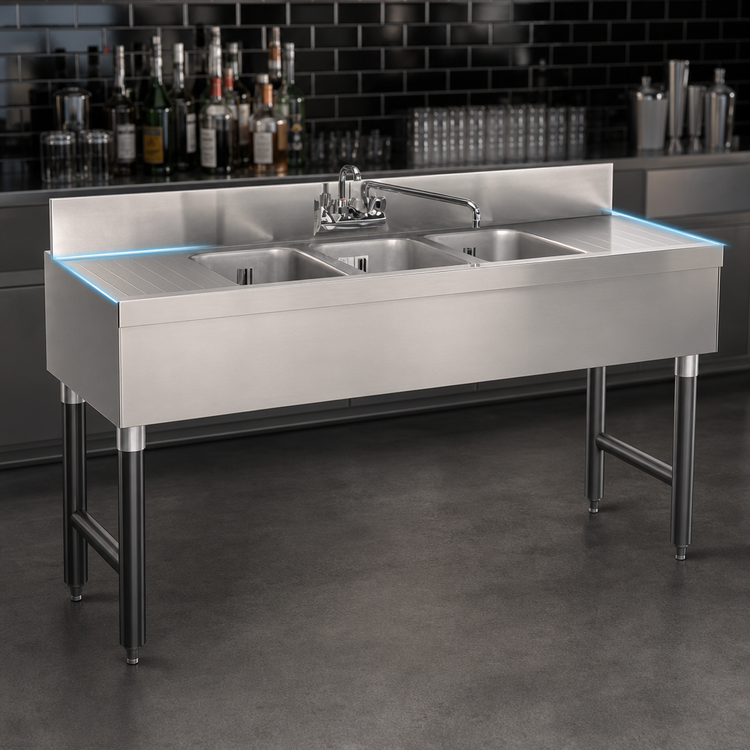 Product image #4 for Advance Tabco Special Value Series 60-Inch 3-Compartment Stainless Steel Bar Sink Unit with Drainboards and Splash-Mount Faucet