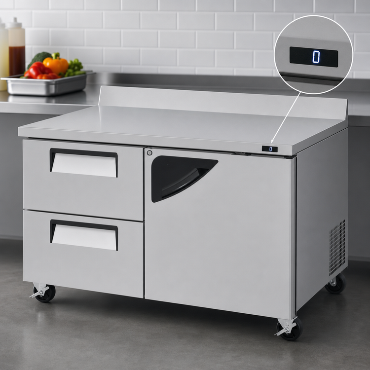 Product image #4 for Turbo Air Super Deluxe Two-Section Worktop Freezer with 1 Right-Hinged Door and 2 Drawers, 17 Cu. Ft., Self-Contained Rear-Mounted R290 Refrigeration
