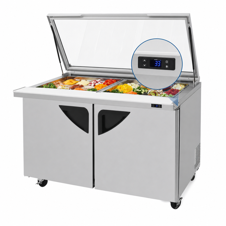 Product image #4 for Turbo Air Super Deluxe 60-Inch Two-Section Sandwich/Salad Mega Top Refrigerated Prep Table with Glass Lid and 24-Pan Opening