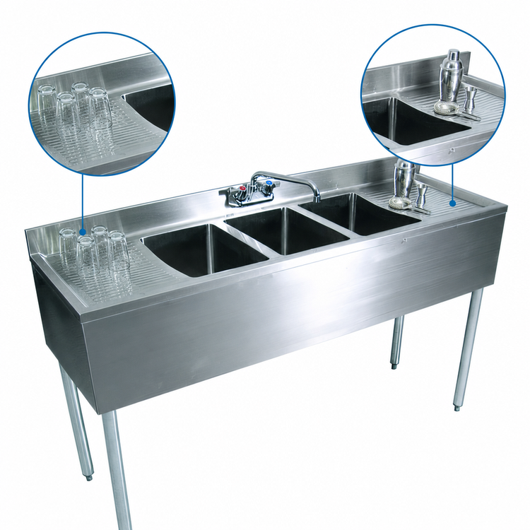 Product image #4 for BK Resources 60-Inch Three-Compartment Underbar Sink with Dual Drainboards, Backsplash, and Faucet