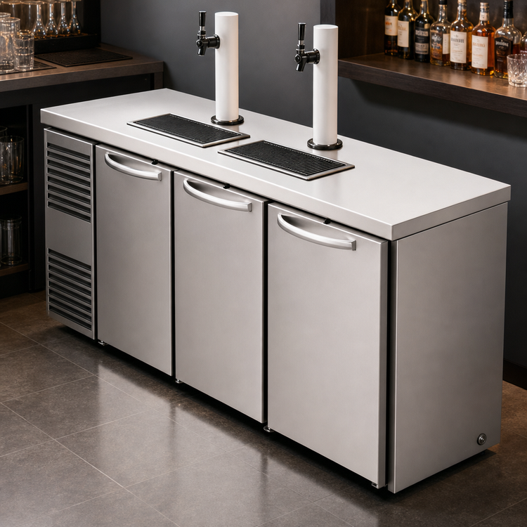 Product image #4 for True Premier Bar 72-Inch Three-Section Refrigerated Draft Bar Cooler, Flat Top, Left-Side Refrigeration