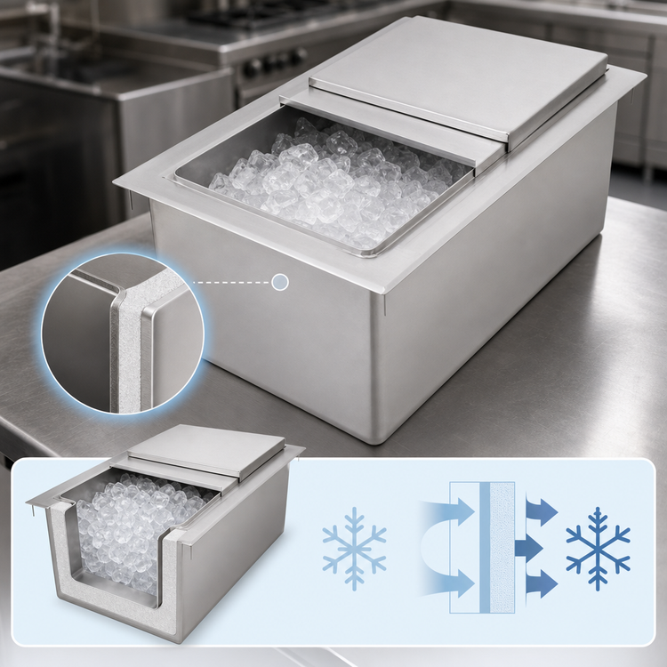 Product image #5 for John Boos Drop-In Stainless Steel Insulated Ice Bin with Sliding Lid and Drain, Without Cold Plate