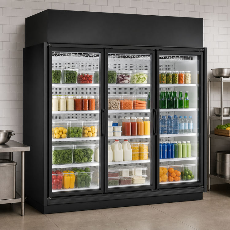 Product image #4 for True TRM Series 3-Section Medium Temperature Glass Door Merchandiser Refrigerator, Self-Contained, Top-Mounted, Black Exterior/White Interior