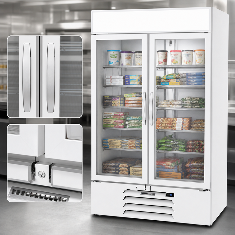 Product image #4 for Beverage-Air MarketMax IQ 47-Inch Two-Section Reach-In Glass Door Merchandiser Freezer, White