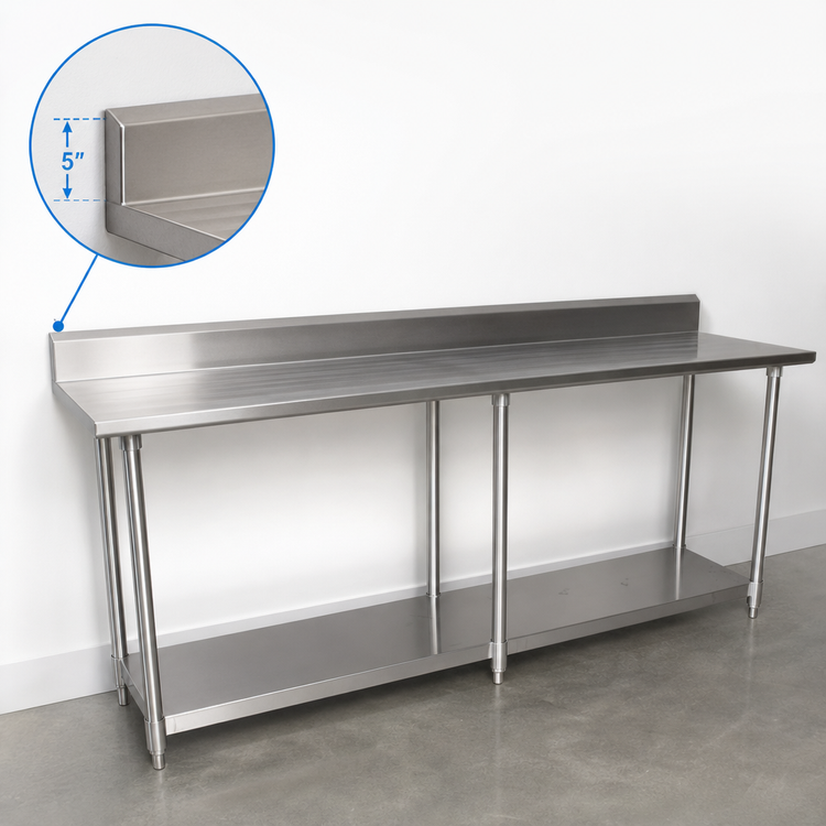 Product image #4 for BK Resources 84-Inch x 30-Inch 16-Gauge Stainless Steel Work Table with 5-Inch Riser and Adjustable Undershelf