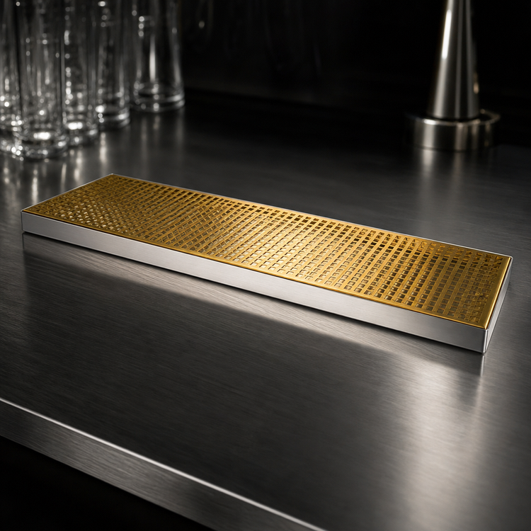 Product image #4 for Micro Matic Surface Mount Drip Tray Trough, 36 Inch x 8 Inch, Stainless Steel with PVD Brass Screen