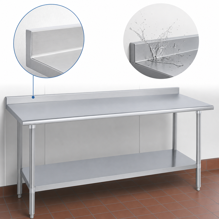 Product image #4 for Duke 108-Inch x 30-Inch 16-Gauge Stainless Steel Work Table with 1-1/8-Inch Straight Riser and Undershelf