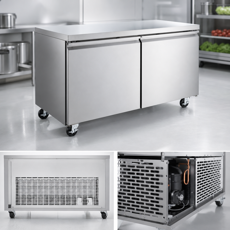 Product image #4 for Omcan Aurora 48-Inch Undercounter Reach-In Refrigerator, 2-Section, 11.3 Cu. Ft., Solid Doors, Stainless Steel, Rear-Mounted Self-Contained