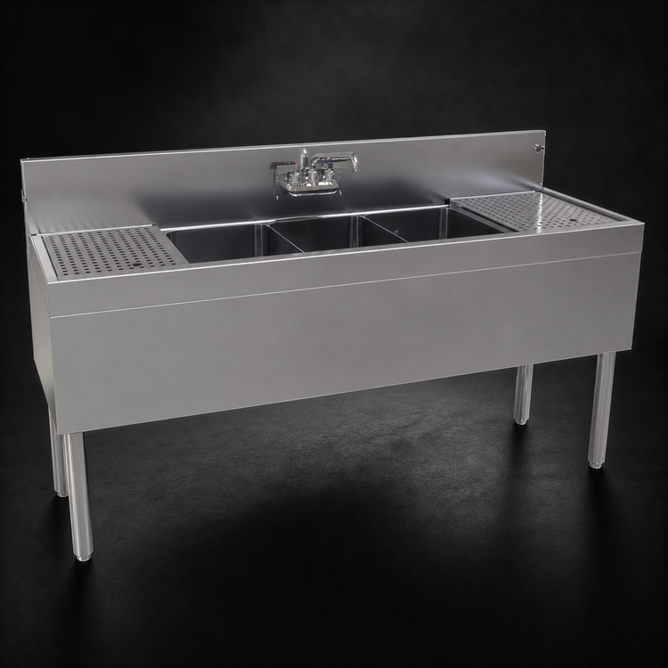 Product image #4 for Glastender Three-Compartment Underbar Sink Unit with Dual Drainboards, 60 Inch W x 19 Inch D