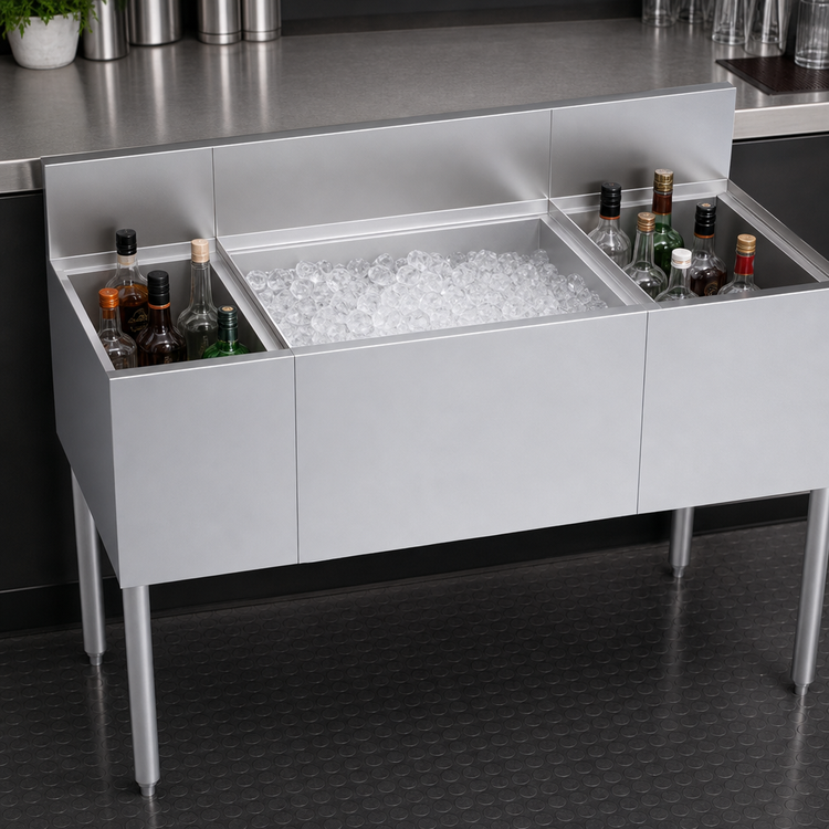 Product image #4 for Krowne Royal Series 48-Inch Underbar Center Combination Ice Bin with Dual Bottle Wells, 74 lb. Capacity