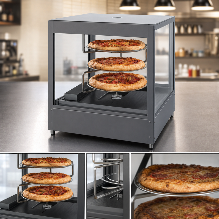 Product image #4 for Doyon Countertop Hot Food Display Case with Rotating Three-Tier Rack, 3-Pizza Capacity
