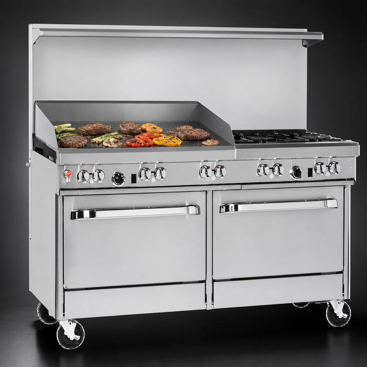 Product image #4 for Ultimate 60-Inch Commercial Gas Restaurant Range with 6 Open Burners, Raised 24-Inch Griddle/Broiler and 2 Convection Ovens