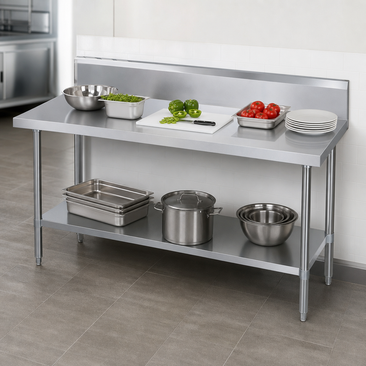 Product image #4 for Duke 84 Inch x 24 Inch 14-Gauge 300 Series Stainless Steel Work Table with 10 Inch Riser and Galvanized Undershelf