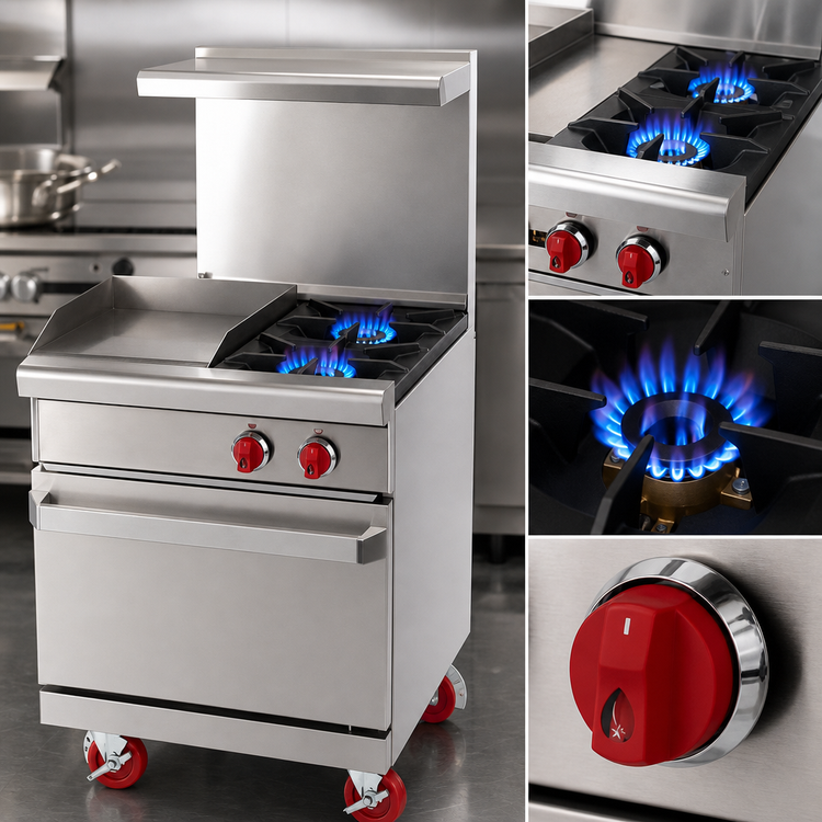 Product image #4 for 24-Inch Green Flame Gas Range with 12-Inch Left Griddle, 2 Open Burners, and Storage Base