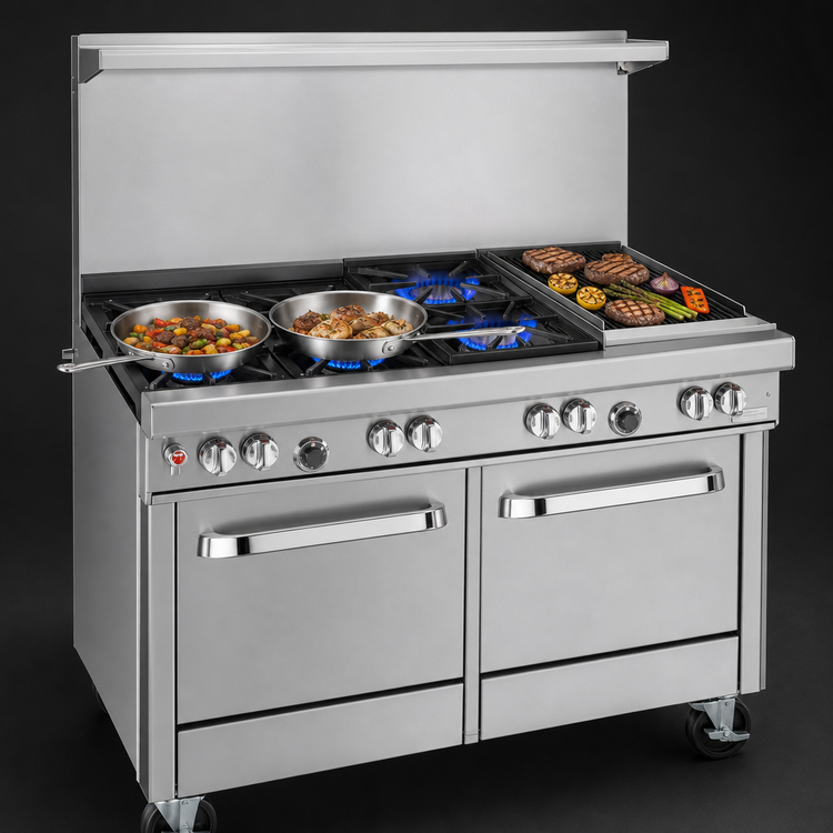 Product image #4 for Southbend Ultimate 48-Inch Gas Restaurant Range with 4 Burners, 24-Inch Charbroiler, Convection Oven and Cabinet Base