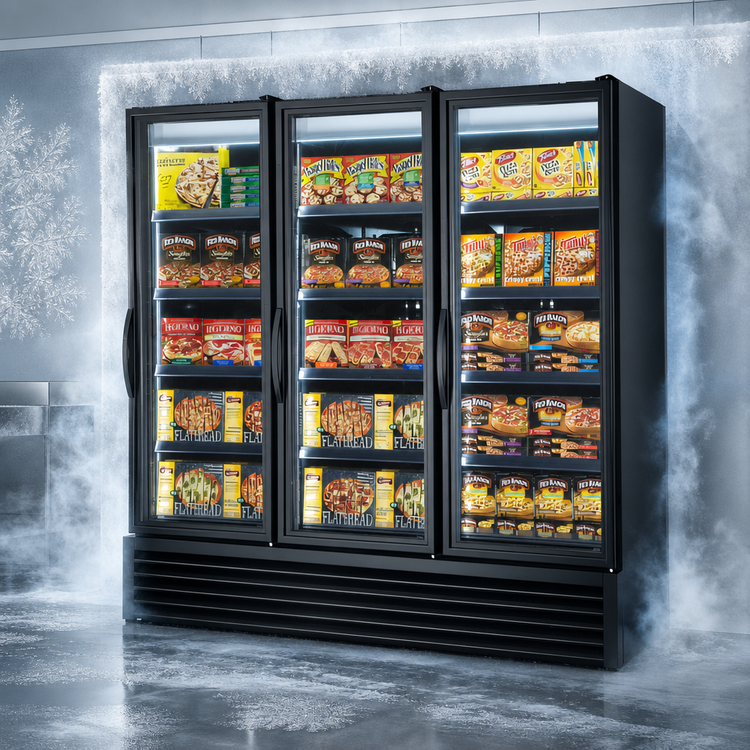 Product image #4 for True Full-Length Three-Section Glass Door Freezer Merchandiser, -10°F, 12 Shelves