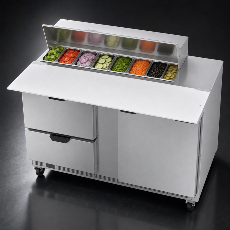 Product image #5 for Beverage-Air SPED60HC-08C-2 60-Inch Two-Section Refrigerated Sandwich Prep Table with 1 Door, 2 Drawers, 8-Pan Top and 17-Inch Cutting Board