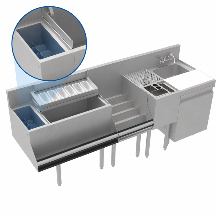 Product image #4 for Krowne Royal Series 78-Inch Stainless Steel Underbar Workstation with Ice Bin and Dump Sink