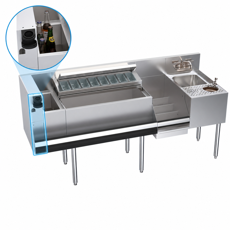 Product image #5 for Krowne Zero-Step Underbar Beverage Workstation with 10-Circuit Cold Plate, Center Ice Bin, Dump Sink and Speedrail, 68" W x 24" D