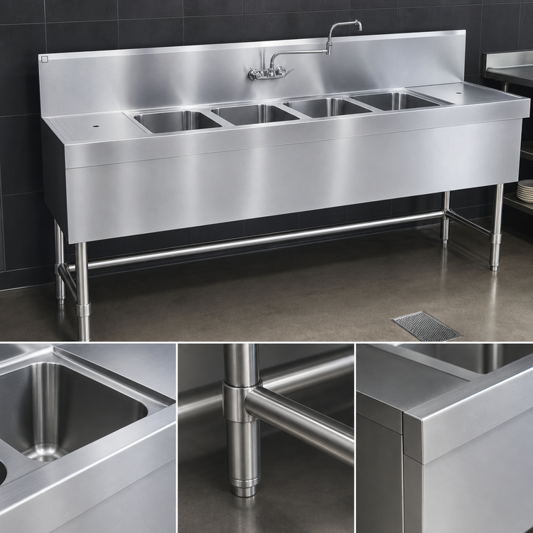 Product image #4 for Eagle Spec-Bar Four-Compartment Underbar Sink Unit with Left & Right Drainboards, 84-Inch Wide