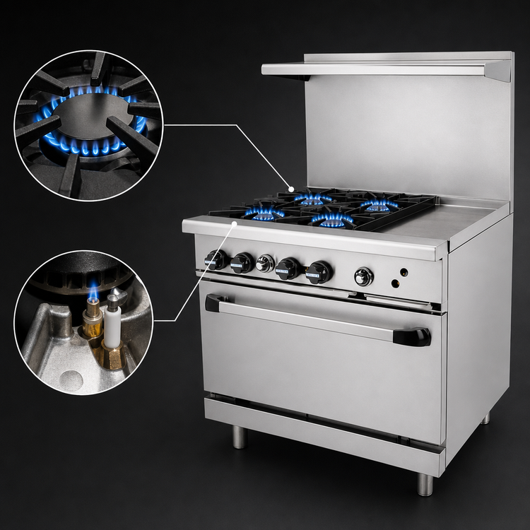 Product image #4 for Turbo Air Radiance 36-Inch Heavy-Duty Natural Gas Combination Restaurant Range with 4 Open Burners, 12-Inch Right Griddle, and Standard Oven