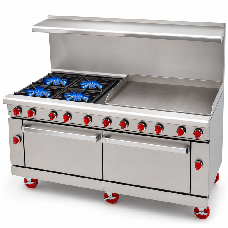 Product image #4 for American Range 72-Inch Commercial Gas Restaurant Range with 48-Inch Griddle, 4 Open Burners, Convection Oven, and Storage Base
