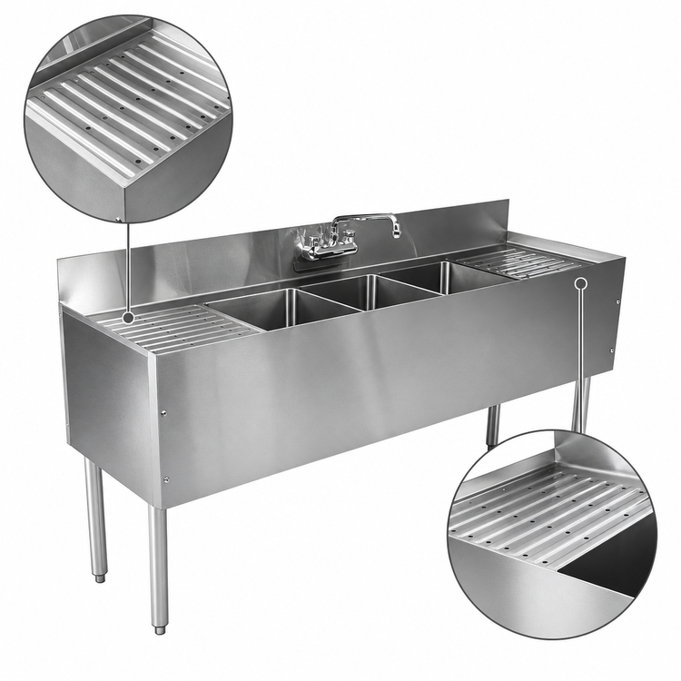 Product image #4 for CHOICE by Glastender 72-Inch 24-Inch Deep Three-Compartment Underbar Sink Unit with Dual Drainboards and Deck-Mount Faucet